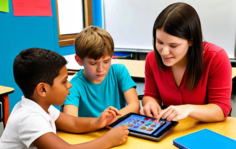 **
A colorful classroom scene depicting students engaged in various learning activities – some using tablets, others working on hands-on projects. The teacher is interacting with a student, providing personalized guidance. The overall atmosphere is positive and encouraging, reflecting a modern, technology-integrated learning environment. Focus on visual learners, auditory learners and kinesthetic learners.
**
