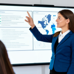 A professional female teacher in modest business attire, fully clothed, standing confidently in a modern hybrid classroom. She is gesturing towards an interactive whiteboard displaying educational content, with multiple screens around her showing engaged, diverse virtual students. Her expression is empathetic and encouraging, conveying strong communication. The setting is bright and collaborative. Professional photography, high resolution, soft studio lighting. safe for work, appropriate content, fully clothed, professional, perfect anatomy, correct proportions, well-formed hands, proper finger count, natural body proportions.