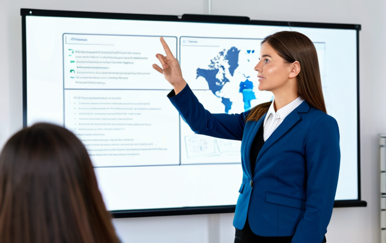 A professional female teacher in modest business attire, fully clothed, standing confidently in a modern hybrid classroom. She is gesturing towards an interactive whiteboard displaying educational content, with multiple screens around her showing engaged, diverse virtual students. Her expression is empathetic and encouraging, conveying strong communication. The setting is bright and collaborative. Professional photography, high resolution, soft studio lighting. safe for work, appropriate content, fully clothed, professional, perfect anatomy, correct proportions, well-formed hands, proper finger count, natural body proportions.
