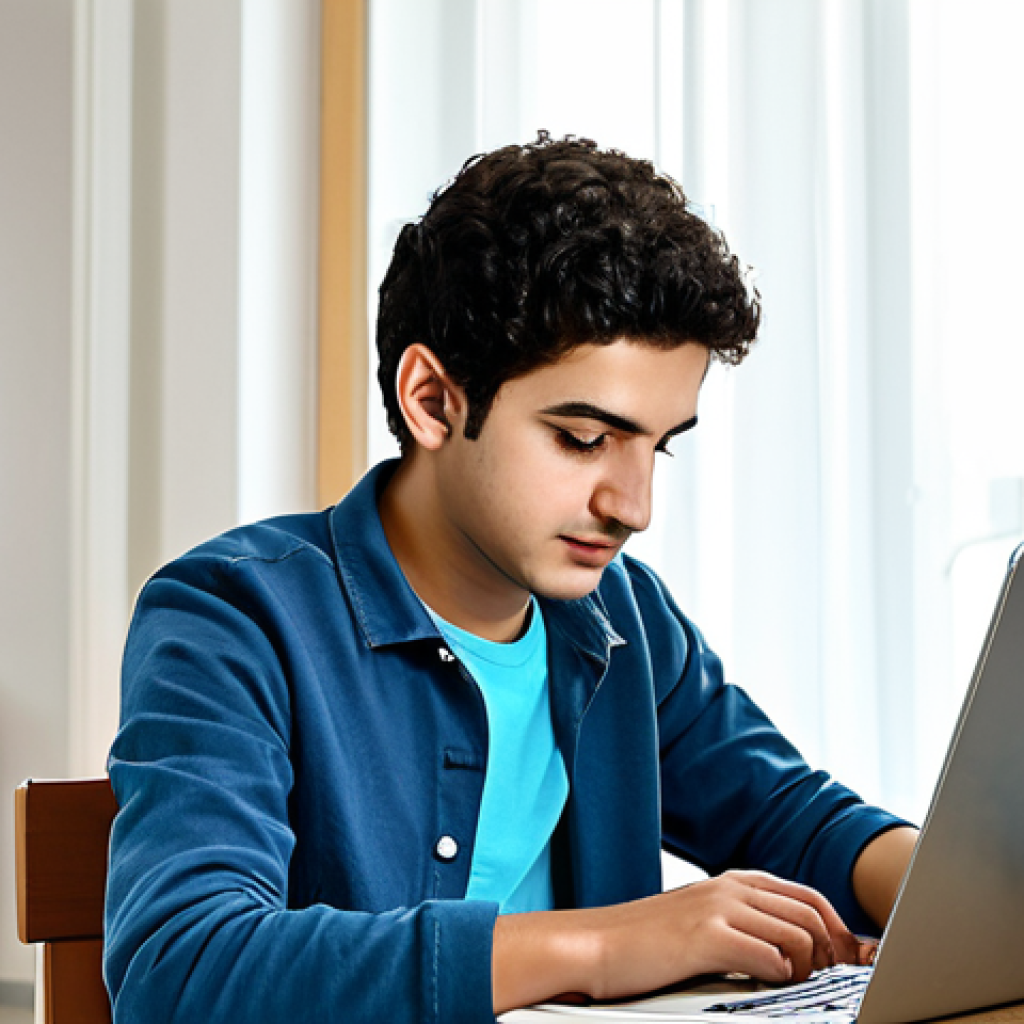 거꾸로 교실 적용 - Preparing at Home**
"A Turkish student, fully clothed in casual attire, studying on a laptop at a d...