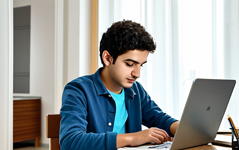 거꾸로 교실 적용 - Preparing at Home**
"A Turkish student, fully clothed in casual attire, studying on a laptop at a d...
