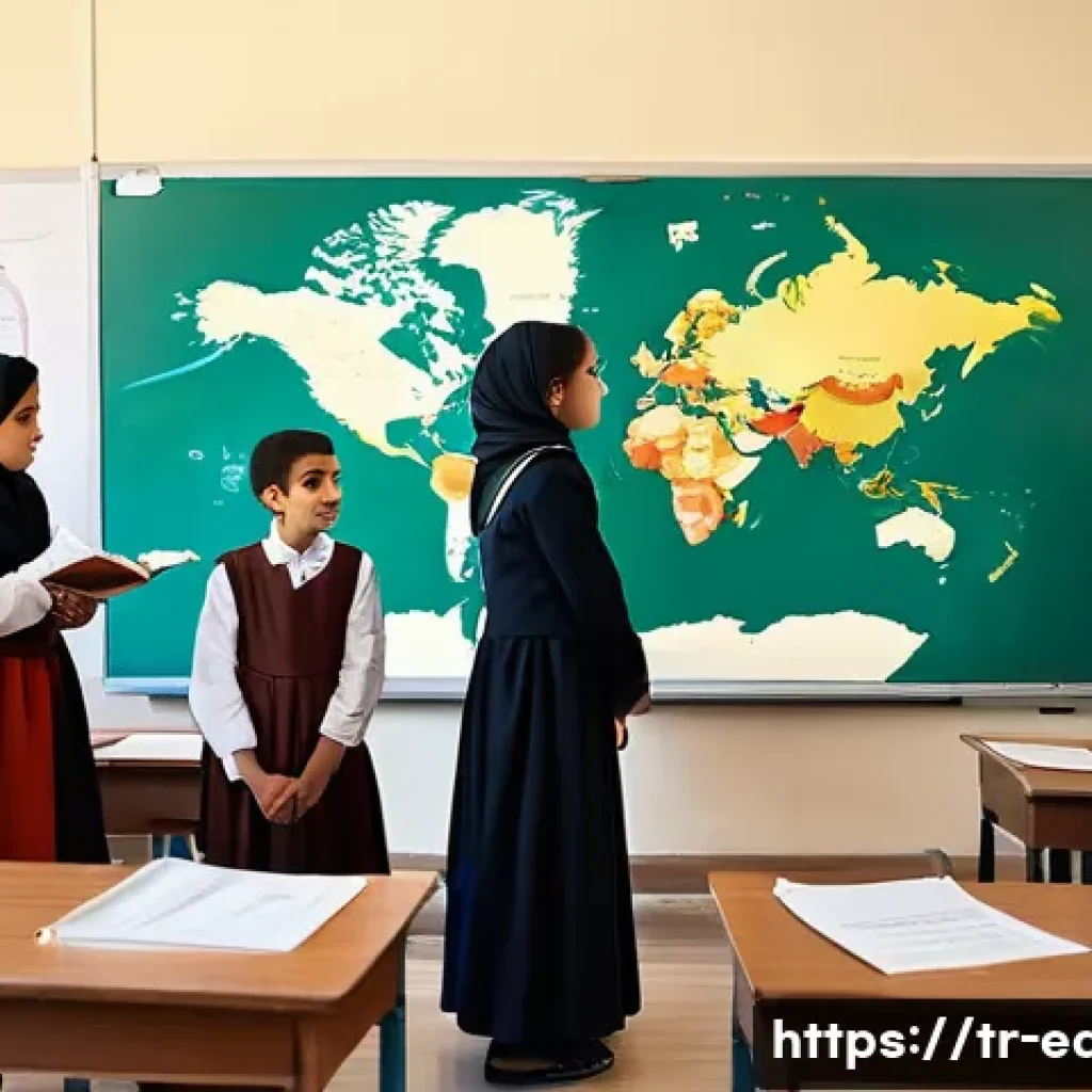 사회과 교수 전략 - **Prompt:** A vibrant classroom scene in Turkey where diverse middle school students, dressed in the...