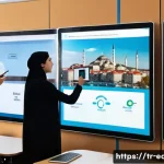 Home 22 디지털 네이티브 세대 교육 - A modern Turkish classroom scene showing a diverse group of students using tablets and an interactiv...