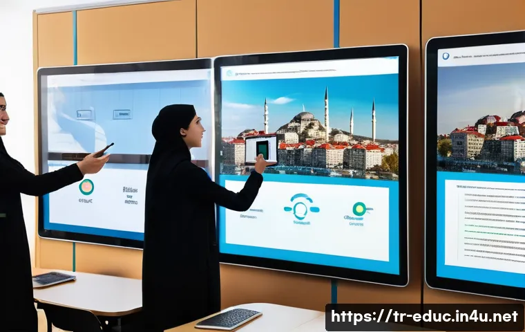 디지털 네이티브 세대 교육 - A modern Turkish classroom scene showing a diverse group of students using tablets and an interactiv...