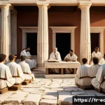 Home 21 교육 철학과 역사 - A detailed historical classroom scene set in ancient Greece, showing a diverse group of students in ...