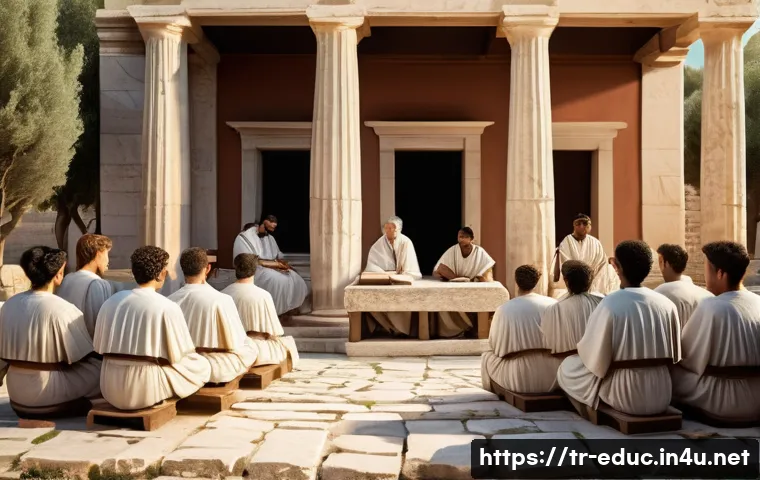 교육 철학과 역사 - A detailed historical classroom scene set in ancient Greece, showing a diverse group of students in ...