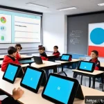 Home 20 글로벌 교육지표 분석 - A modern Turkish classroom scene showing a diverse group of students using tablets and laptops for r...