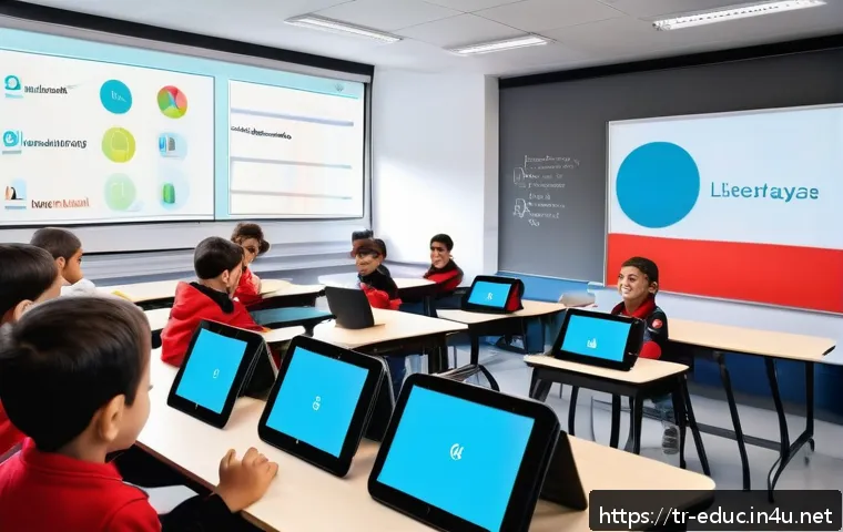 글로벌 교육지표 분석 - A modern Turkish classroom scene showing a diverse group of students using tablets and laptops for r...