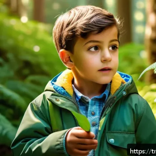 Home 31 유아교육 이론 - A curious Turkish child wearing casual clothes and a light jacket, exploring a lush green forest dur...