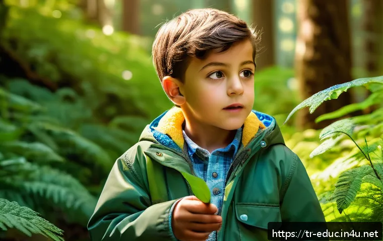 유아교육 이론 - A curious Turkish child wearing casual clothes and a light jacket, exploring a lush green forest dur...