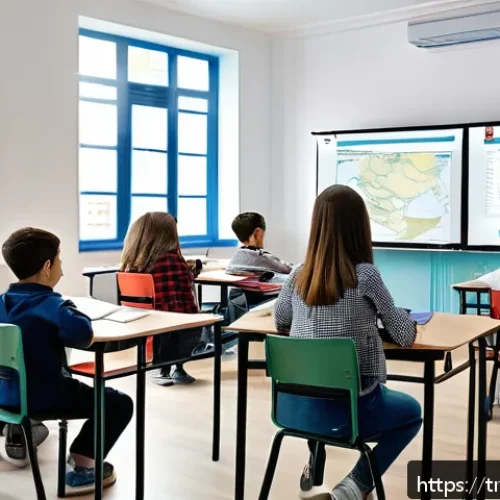 Home 30 미래 교육 환경 변화 - A modern Turkish classroom scene featuring diverse students engaged with AI-powered adaptive learnin...