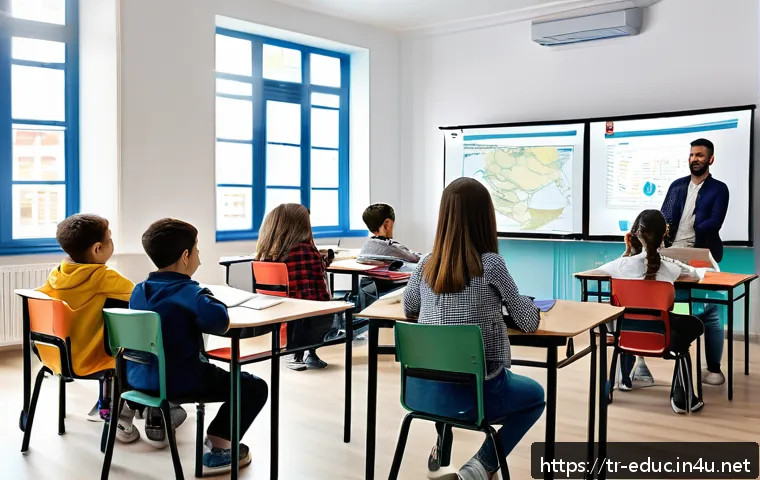 미래 교육 환경 변화 - A modern Turkish classroom scene featuring diverse students engaged with AI-powered adaptive learnin...