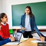 Home 23 학생 주도 학습 모델 - A modern Turkish classroom scene with diverse high school students actively engaged in a group proje...